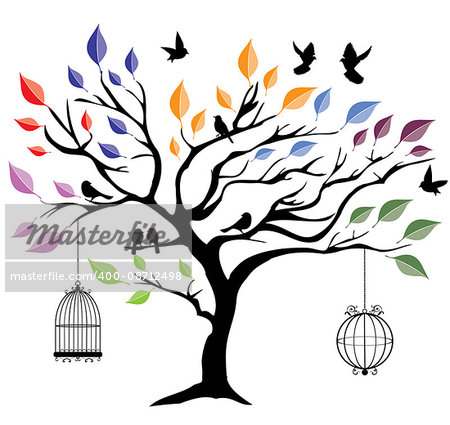 vector illustration of a tree with birds and cages