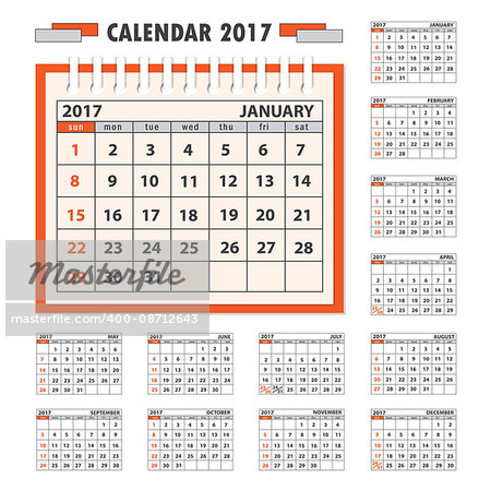 Business calendar for desk on 2017 year. Set of the 12 month isolated pages. Week starts on Sunday. eps 10