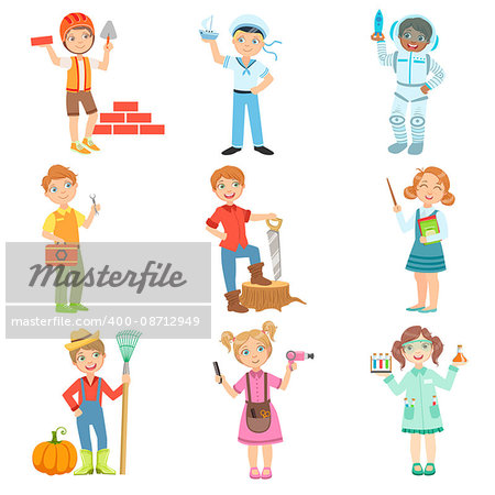 Kids And Their Dream Jobs Bright Color Cartoon Simple Style Flat Vector Set Of Stickers Isolated On White Background