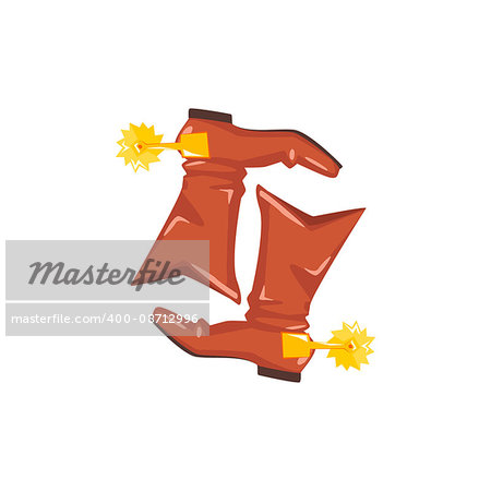 Pair Of Cowboy Boots With Spur Drawing Isolated On White Background. Cool Colorful Wild West Themed Vector Illustration In Stylized Geometric Cartoon Design