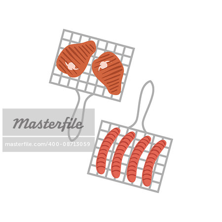 Two Grill Grids With Sausages And Porc Chops Simple Childish Flat Colorful Illustration On White Background