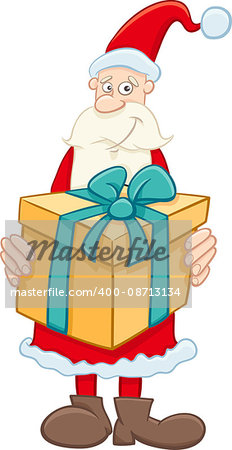 Cartoon Illustration of Santa Claus with Big Christmas Present