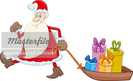 Cartoon Illustration of Santa Claus Christmas Presents on the Sledge