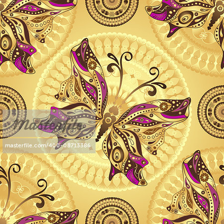 Seamless gold pattern with vintage butterflies and delicate circles, vector