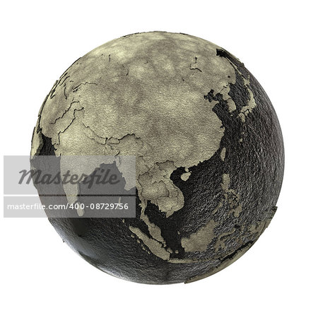Southeast Asia on 3D model of planet Earth with black oily oceans and concrete continents with embossed countries. Concept of petroleum industry or global enviromental disaster. 3D illustration isolated on white background.
