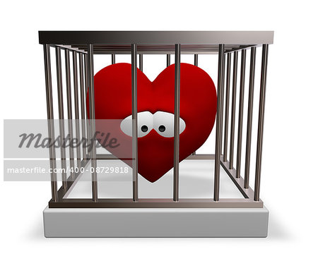 metal cage with red sad heart inside - 3d rendering