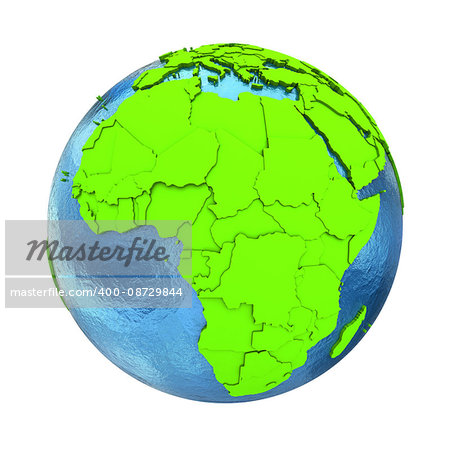 Africa on elegant green 3D model of planet Earth with realistic watery blue ocean and green continents with visible country borders. 3D illustration isolated on white background.