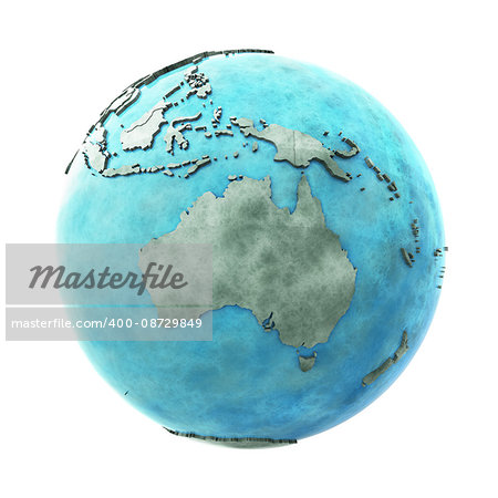 Australia on 3D model of planet Earth made of blue marble with embossed countries and blue ocean. 3D illustration isolated on white background.