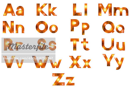 Alphabet, Set of English Letters Signs Uppercase and Lowercase, Stylized Yellow and Orange Holiday Firework with Stars and Rays