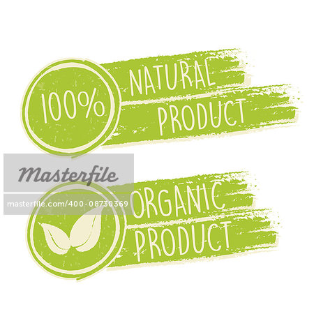 100 percent natural and eco friendly with leaf sign in green drawn banners, bio ecology concept