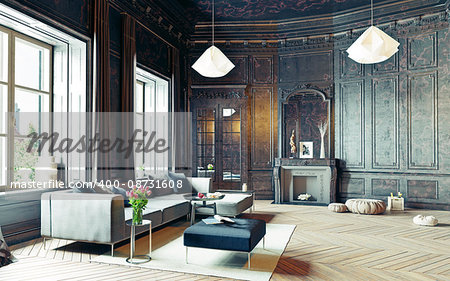 modern style black living room apartment. 3d rendering