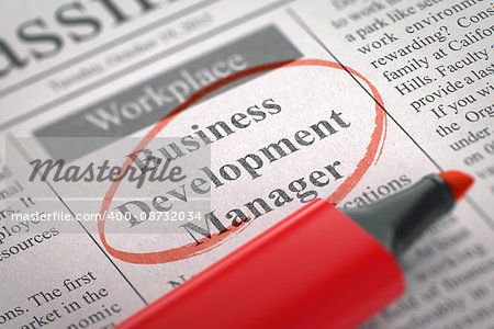 Business Development Manager - Small Ads of Job Search in Newspaper, Circled with a Red Highlighter. Blurred Image. Selective focus. Job Search Concept. 3D Illustration.