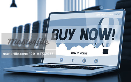 Buy Now. Closeup Landing Page on Laptop Screen. Modern Meeting Room Background. Toned Image. Blurred Background. 3D Illustration.