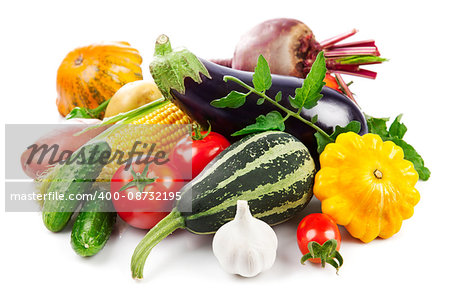 Fresh vegetables autumnal harvest with green leaves, isolated on white background