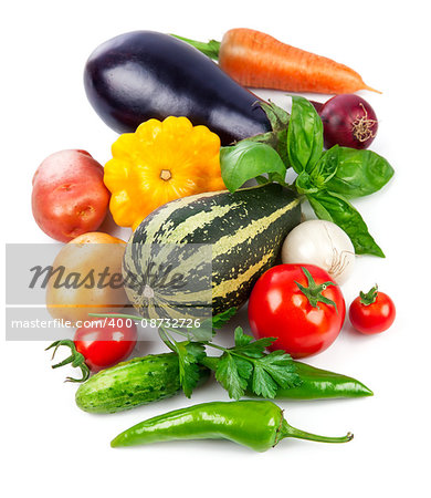 Fresh vegetables with green leaves and herbs, isolated on white background