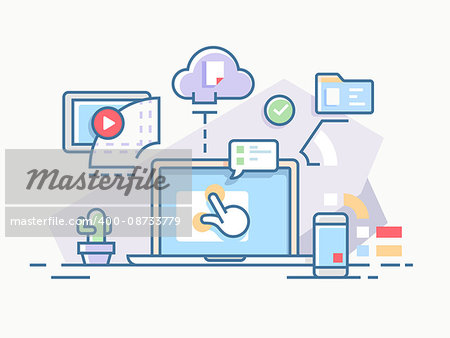 Interactive workflow process using computers and cloud services. Vector illustration.
