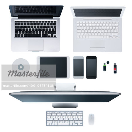 Laptops, desktop computer, smartphones, cd, usb stick and tablet on hi-tech white desktop, multiplatform and information technology concept