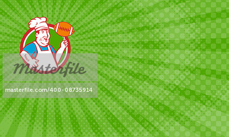 Business Card showing Illustration of a fat chef cook smiling wearing hat and apron twirling football ball viewed from front set inside circle done in retro style.