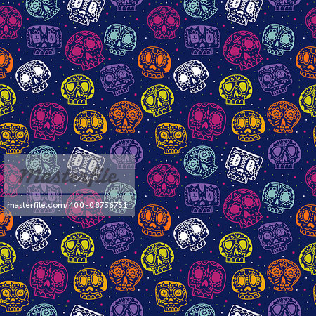 Vector cartoon flat Day of the Dead seamless pattern. Ethnic Mexican sugar skulls background