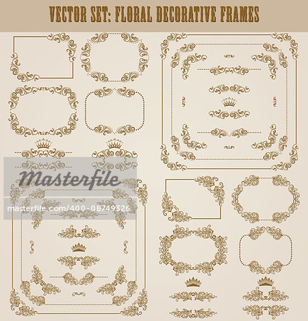 Vector set of decorative hand drawn border, divider, frame with floral elements for design of invitation, greeting, wedding, gift card, certificate, diploma, voucher. Page decoration in vintage style.