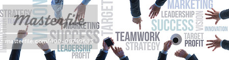 Financial success and business teamwork concept banner with text concepts and businessmen's hands top view