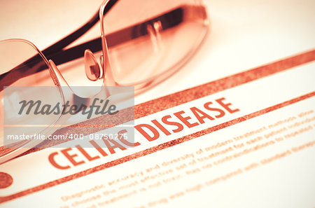 Celiac Disease - Printed Diagnosis on Red Background and Pair of Spectacles Lying on It. Medical Concept. Blurred Image. 3D Rendering.