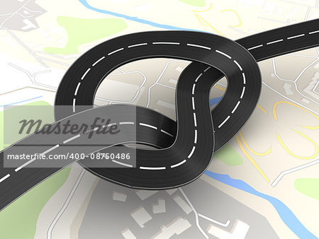 3d illustration of road knot over city map