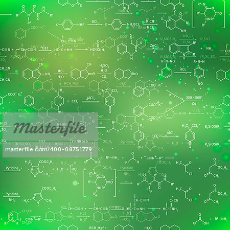 A lot of recondite chemical equations and formulas on blurred green background, seamless pattern