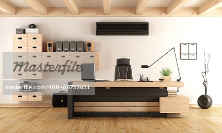 Contemporary office with wooden furniture and air conditioner - 3d rendering