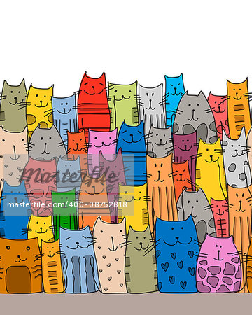 Funny cats family, seamless pattern for your design. Vector illustration