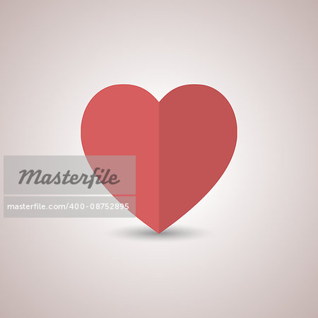 Icon red paper heart with shadow, flat style, isolated on a light background, vector illustration.
