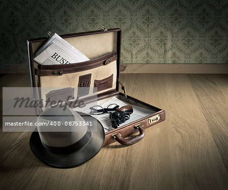 Open vintage leather briefcase with detective hat, revolver gun and newspaper.