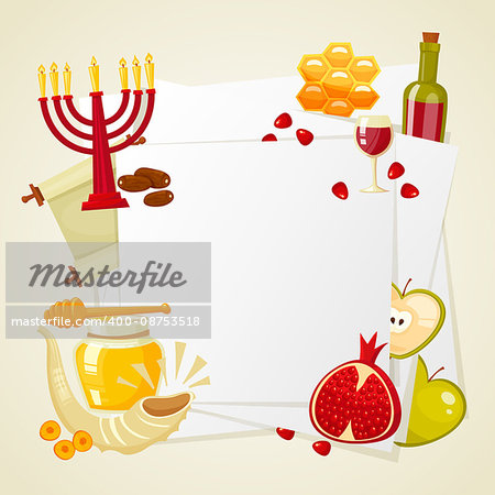 Rosh Hashanah, Shana Tova or Jewish New year cartoon flat vector icons round background.Traditional symbols of Jewish new year holiday Rosh Hashanah