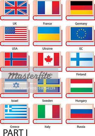 Flags of Europe, America and Asia featured on the covers of dictionaries with country names.