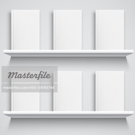 Two white bookshelves and books with empty blank covers. White object mock-up or template