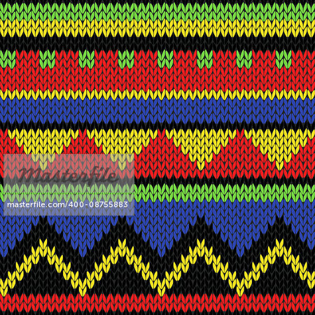 Seamless knitting geometrical colourful bright vector pattern in yellow, green, blue, red and black saturated colors as a knitted childish fabric texture