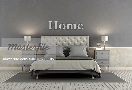 Master bedroom in classic style with double bed, nightstand and gray walls - 3d rendering