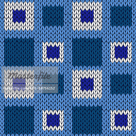 Seamless knitting geometrical vector pattern with symmetrical square cells in blue and white colors as a knitted fabric texture