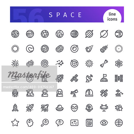 Set of 56 space line icons suitable for web, infographics and apps. All planets with their names. Isolated on white background. Clipping paths included.