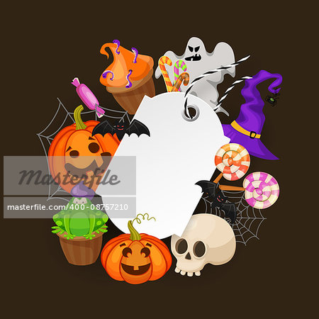 Halloween Gift Tag with web,bats, candy,hat, pumpkins and ghost on white background. Price tag for holiday sale. Retrp cartoon style vector illustration