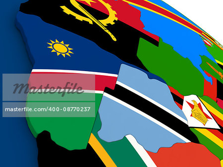 Map of Namibia and Botswana on globe with embedded flags of countries. 3D illustration.