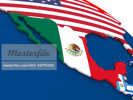 Map of Mexico on globe with embedded flags of countries. 3D illustration.