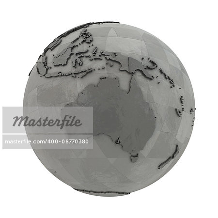 Australia on 3D model of metallic planet Earth made of steel plates with embossed countries. 3D illustration isolated on white background.