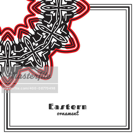 Vector design with circular ornament in eastern style. Ornate oriental element and place for text in frame. Black, red, white color. Template for invitations, greeting cards, flyer pages, brochures.