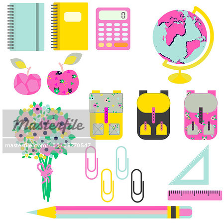 School supplies vector clip art stationery objects. Bright yellow and pink objects for first-grader - flowers, knapsack, globe, rulers and stationery items.