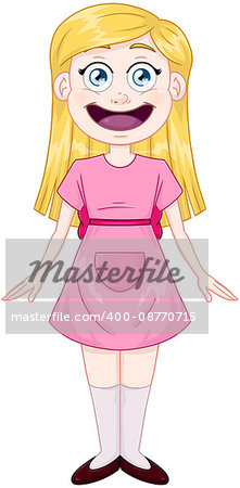 Vector illustration of a cute blond girl in pink dress.