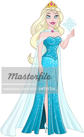 Vector illustration of a snow princess queen in blue dress holding a snowflake.