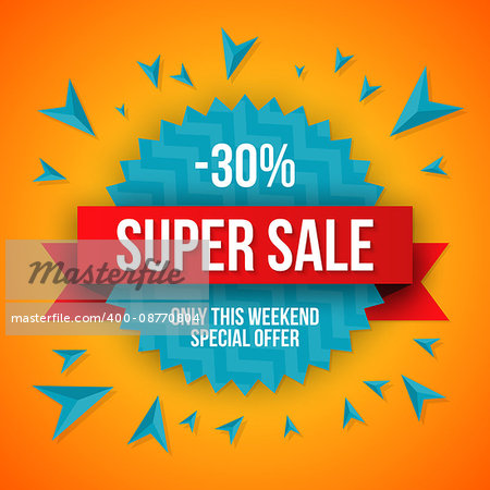 Sale vector origami concept banner template special offer 30 off. Abstract background. Discount design layout. Just now.