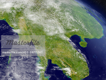 Myanmar with surrounding region as seen from Earth's orbit in space. 3D illustration with highly detailed planet surface and clouds in the atmosphere. Elements of this image furnished by NASA.