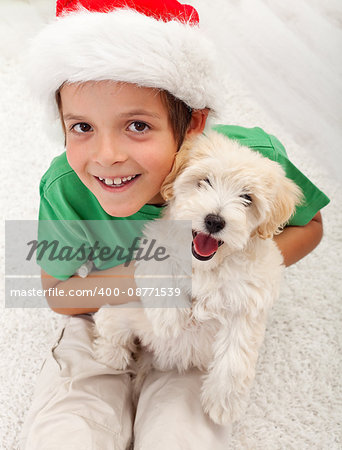 The best christmas present ever - young boy with her puppy dog
